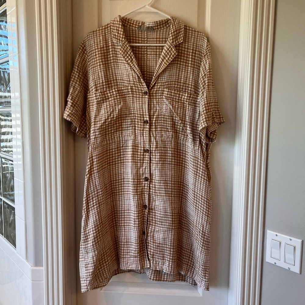 Everlane Tan Checkered Shirt Dress